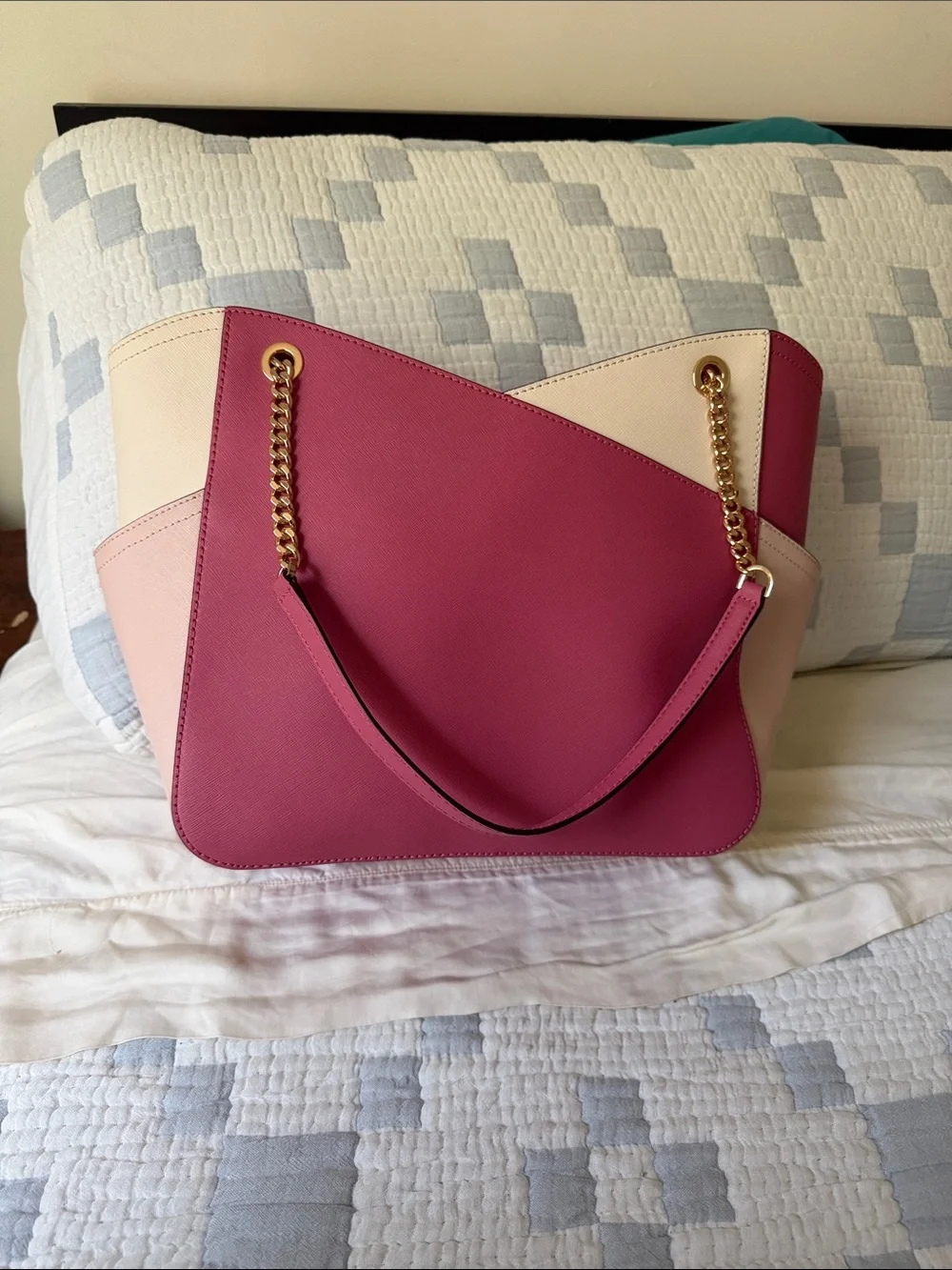Michael Kors Fuchsia and Cream Colorblock Saffiano Leather Tote